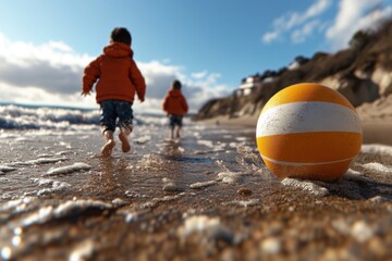 Children Chase Beach Ball on Windy Summer Day, Energetic Play on the Shore, Kids Beach Fun, Summer Activities, Ocean Games, Family Vacation, Happy Children, Joyful Moments
