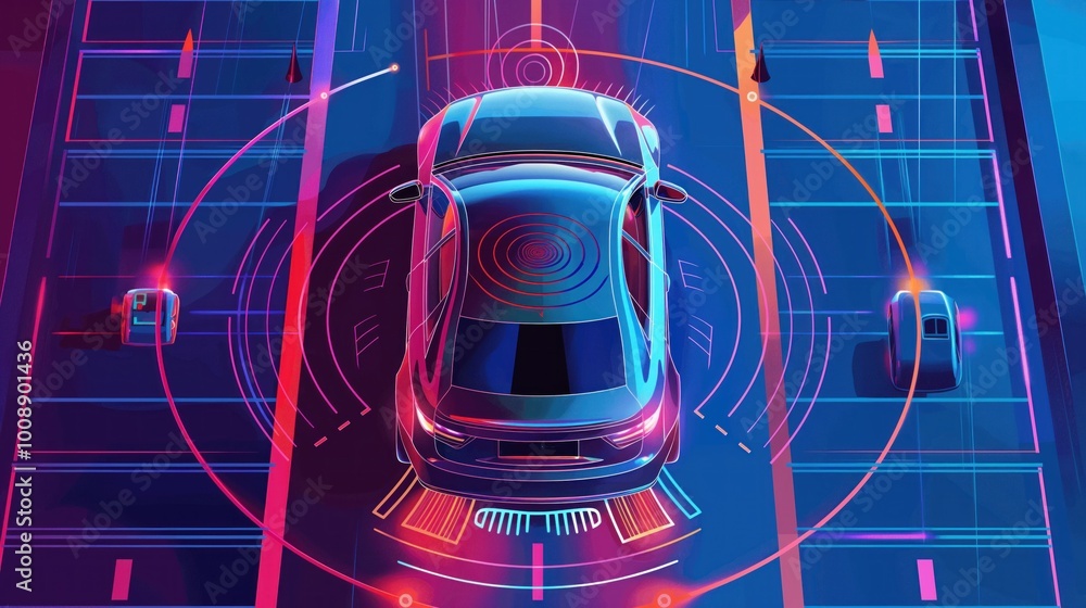 Poster future autonomous smart car scans road for hazards in self-driving mode. top view of futuristic vehi