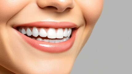 Fototapeta premium Close-up. Beautiful Smile of Young Woman with Whitening Teeth. Healthy Teeth and Gums.