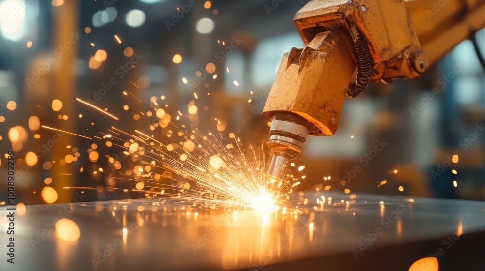 Aufkleber a robotic arm performs welding on metal with sparks flying, signifying automation and precision in m
