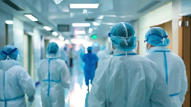 Emergency response by hospital personnel. Clinical team with protective gear walking through medical facility ready for emergencial patient care.
