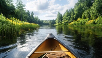 Fototapeta premium Family Canoeing Adventure on a Tranquil Lake Exploring the Beauty of Nature with Fishing by the Reeds