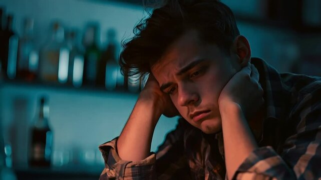 Depressed man sitting alone in bar with bottle on table. Emotional young man with alcohol addiction facing loneliness with beer bottles in front of him.