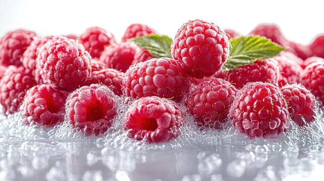fresh raspberries bursting through the air captured in midflight against a pristine white background creating a lively and playful image that showcases their juicy vibrancy