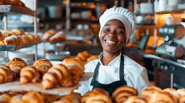 Female African American baker wearing white uniform and hat smiling proudly behind freshly baked croissant in bakery.
