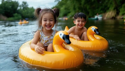 Joyful Laughter and Summer Fun Kids Giggling on Inflatable Swans in a Tranquil Lake, Perfect for Family Vacations and Summer Adventures