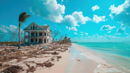Obraz premium Abandoned house on a sandy beach with turquoise water and clear skies.