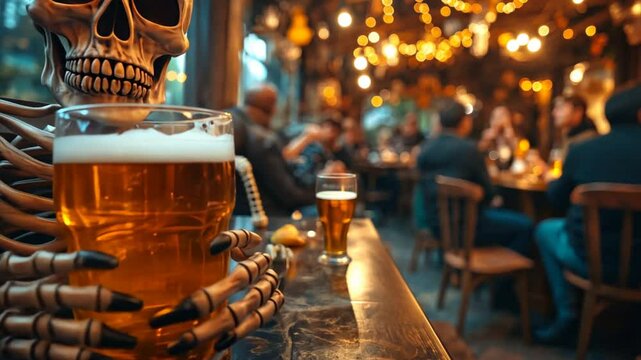 a guy wearing a skeleton costume drinking beer with his friends at a halloween party