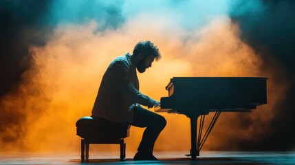 A solo pianist sits poised at a grand piano amidst a colorful misty backdrop, capturing a moment of musical brilliance on stage with ambient lighting effects.