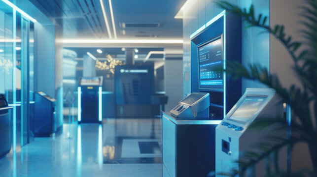 A high-tech bank with advanced banking solutions, featuring ATMs, online services, and global transaction systems.