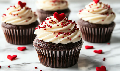 Dark red velvet cupcakes with white buttercream frosting and tiny heart-shaped sprinkles, arranged on an elegant marble surface for a Valentine's Day celebration