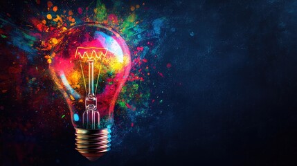 Dynamic lightbulb with colorful abstract patterns and wide copy space for text