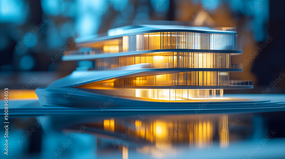 Aufkleber Modern architectural model showcasing illuminated design with intricate features at dusk