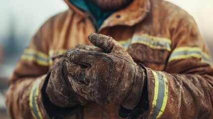 A firefighter in weathered gear prepares his gloved hands, embodying courage and dedication to duty. His reflective stance suggests readiness for any challenge.