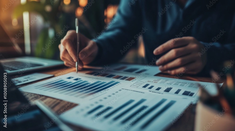 Poster analyzing business data with graphs and charts