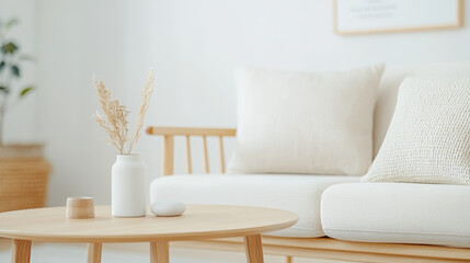 A cozy living room scene featuring minimalist sofa adorned with soft pillows, wooden coffee table, and decorative vase with dried flowers, creating serene atmosphere