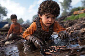 Two young boys explore a muddy riverbank with fishing nets, searching for small fish and aquatic creatures The boys are wearing orange shirts and are intently focused on their task, showcasing the