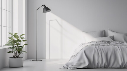 Minimalist bedroom design with a soft, neutral color palette. The sleek floor lamp stands beside a clean, modern bed with simple bedding, in an open, clutter-free space