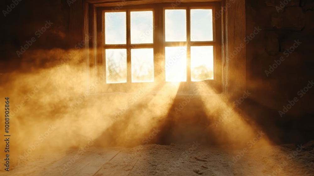 Poster pictured here is sunlight pouring through a window, illuminating floating dust particles in a quiet 