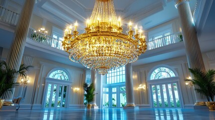 Obraz premium Elegant chandelier in a spacious foyer, showcasing luxury and sophistication.