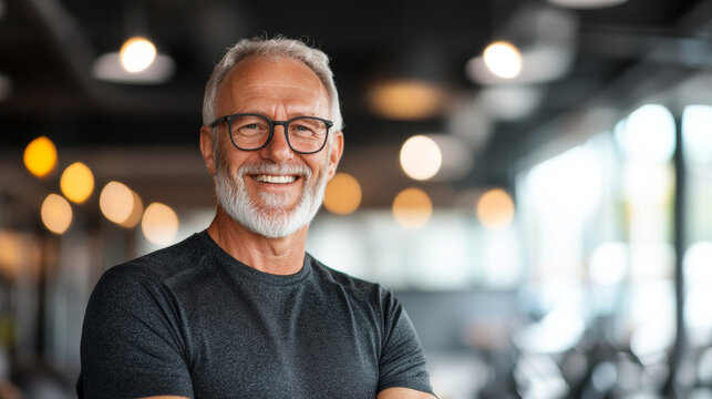 A smiling older man with glasses stands confidently in modern gym, showcasing healthy lifestyle. His joyful expression reflects positivity and vitality
