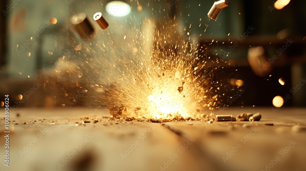 Poster the image captures a dramatic explosion, with fragments flying through the air, conveying a powerful