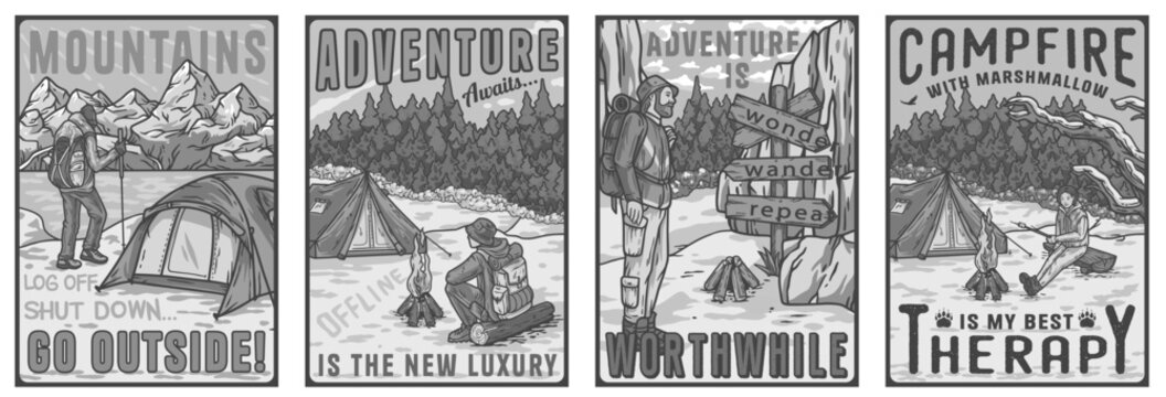 Four colorful illustrations of hikers enjoying camping in the winter wilderness, featuring a bonfire, tent, and snowy landscapes
