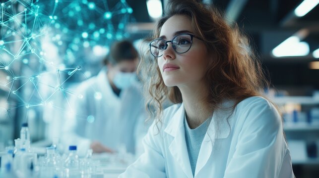 A scientist gazes at a digital network visualization in a laboratory setting, wearing glasses and a lab coat, suggesting technological innovation and research.