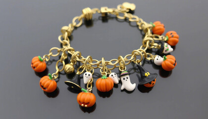 Gold charm bracelet featuring Halloween-themed charms, including pumpkins and ghosts. Perfect for festive occasions and seasonal style.

