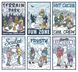 Set of vector illustrations with people enjoying winter holidays making a snowman, drinking hot chocolate near bonfire and having fun with snow