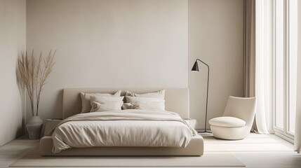 Minimalist bedroom featuring a modern bed with neutral-colored linens and a sleek floor lamp. The room has a calming, airy feel, with minimal furniture and decor