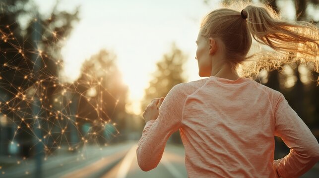 A blonde woman jogs outdoors on a tree-lined path at sunrise, wearing athletic gear, representing fitness and determination during a morning workout session.