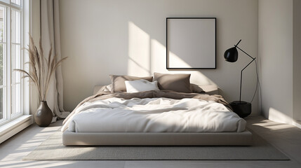 Minimalist bedroom featuring a modern bed with neutral-colored linens and a sleek floor lamp. The room has a calming, airy feel, with minimal furniture and decor