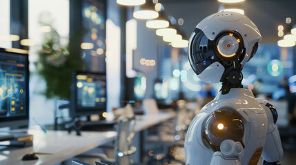 Fototapeta premium A high-tech workplace featuring robotic assistants, AI-driven communication tools, and automated workflows to improve productivity.