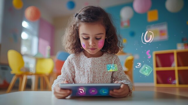 A young child in a brightly lit classroom, using a tablet with augmented reality to solve math problems,