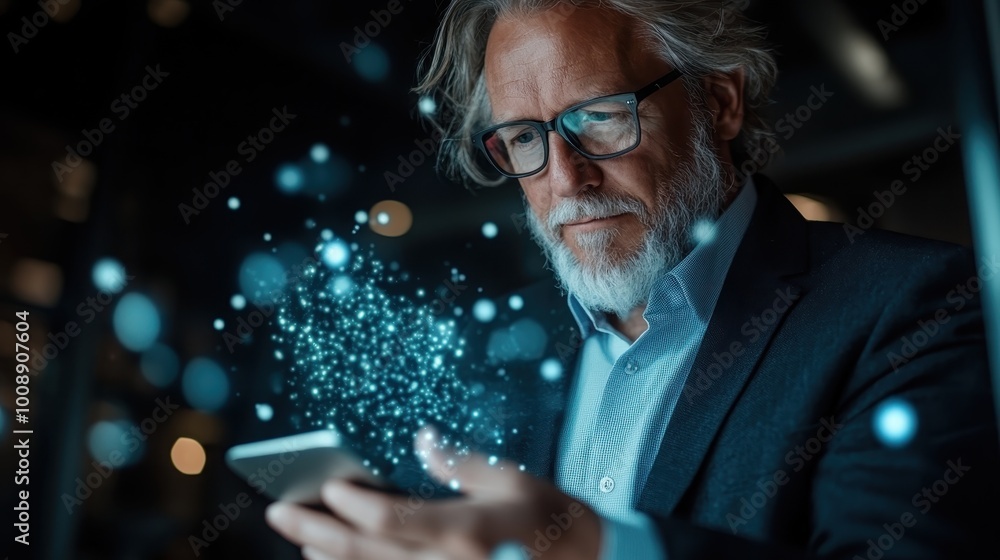 Poster this image shows a man in a dim-lit setting, interacting with digital data on a tablet, represented 