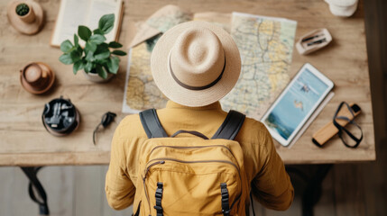 Exploring new destinations, traveler studies maps and plans their journey with excitement. scene captures sense of adventure and preparation for trip ahead