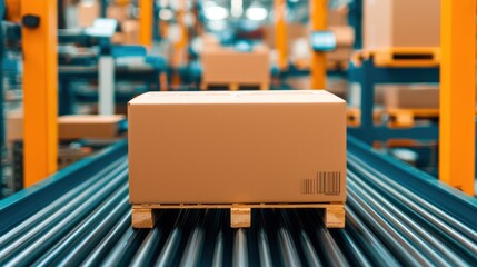 A cardboard box on a wooden pallet moving through a conveyor system in a modern warehouse environment.