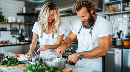 A happy couple wearing aprons are preparing a meal in a stylish kitchen, surrounded by fresh vegetables and cooking utensils, enjoying their time together. Bright atmosphere.