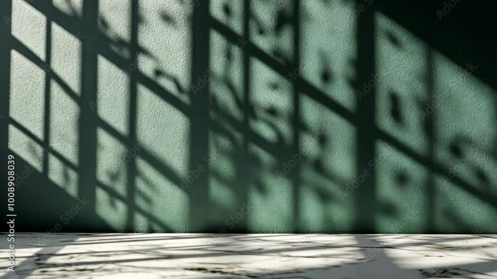 Poster the shadow of a window and tree branches are cast onto a green wall in the afternoon