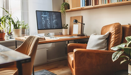 Fototapeta premium Stylish home office interior with sofa and comfortable workplace