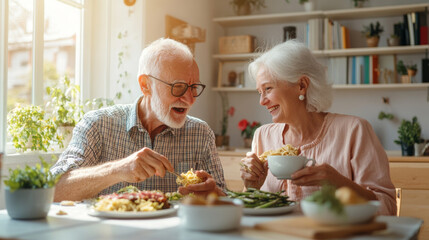 Enjoy joyful meal together, an elderly couple sharing laughter and delicious food in bright, cozy kitchen filled with plants. Their happiness radiates in this warm setting