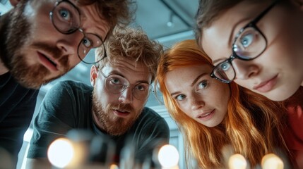 A group of four individuals looking curiously into a camera, capturing a sense of wonder and inquisitiveness, representing youthful curiosity and exploration.