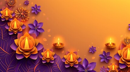 Obraz premium Happy Diwali festival of lights background with paper cut-out mandala pattern and space for text on a purple color background.