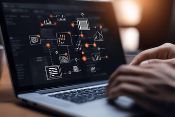 A person engaging in data analysis on a laptop with digital graphs and patterns displayed on the screen