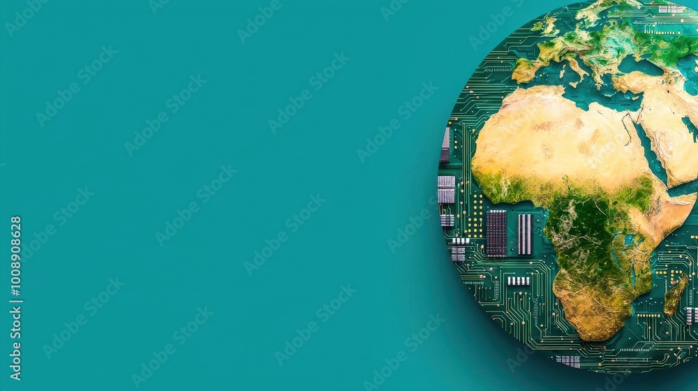 Poster an image of earth with continents made of circuitry, representing a technological planet