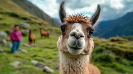 Obraz premium An inquisitive llama stares into the camera lens, set against a backdrop of lush green hills. Other llamas dot the mountainous landscape, giving a serene sense of freedom.