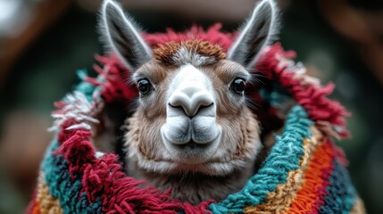 A llama wrapped in a vibrant multicolored scarf gazes directly into the camera. The image highlights the animal's soft fur and gentle expression amid natural surroundings.