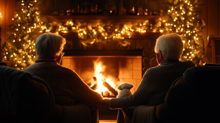 Obraz premium Cozy evening by fireplace with an elderly couple holding hands, surrounded by warm lights and festive atmosphere. scene evokes feelings of love and togetherness