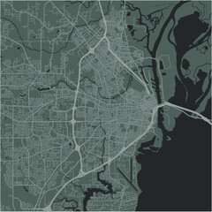 Map of Mobile in Alabama in a smooth dark style. Contains layered vector with roads water, parks, etc.